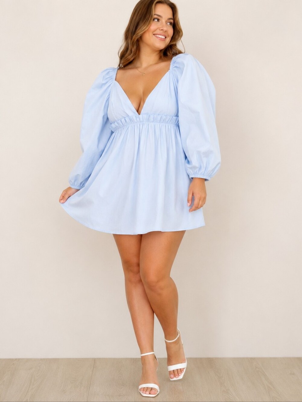 Cider Light Blue Puff Sleeve Babydoll Mini Dress NWT Women's Large